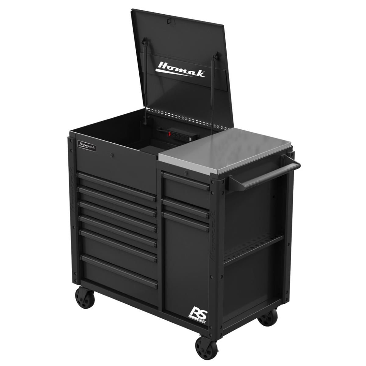Homak Manufacturing 44 Inch RS Pro 9 Drawer Flip Top Power Service Cart w/ Workstation