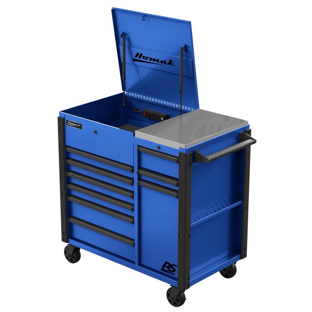 Homak Manufacturing 44 Inch RS Pro 9 Drawer Flip Top Power Service Cart w/ Workstation