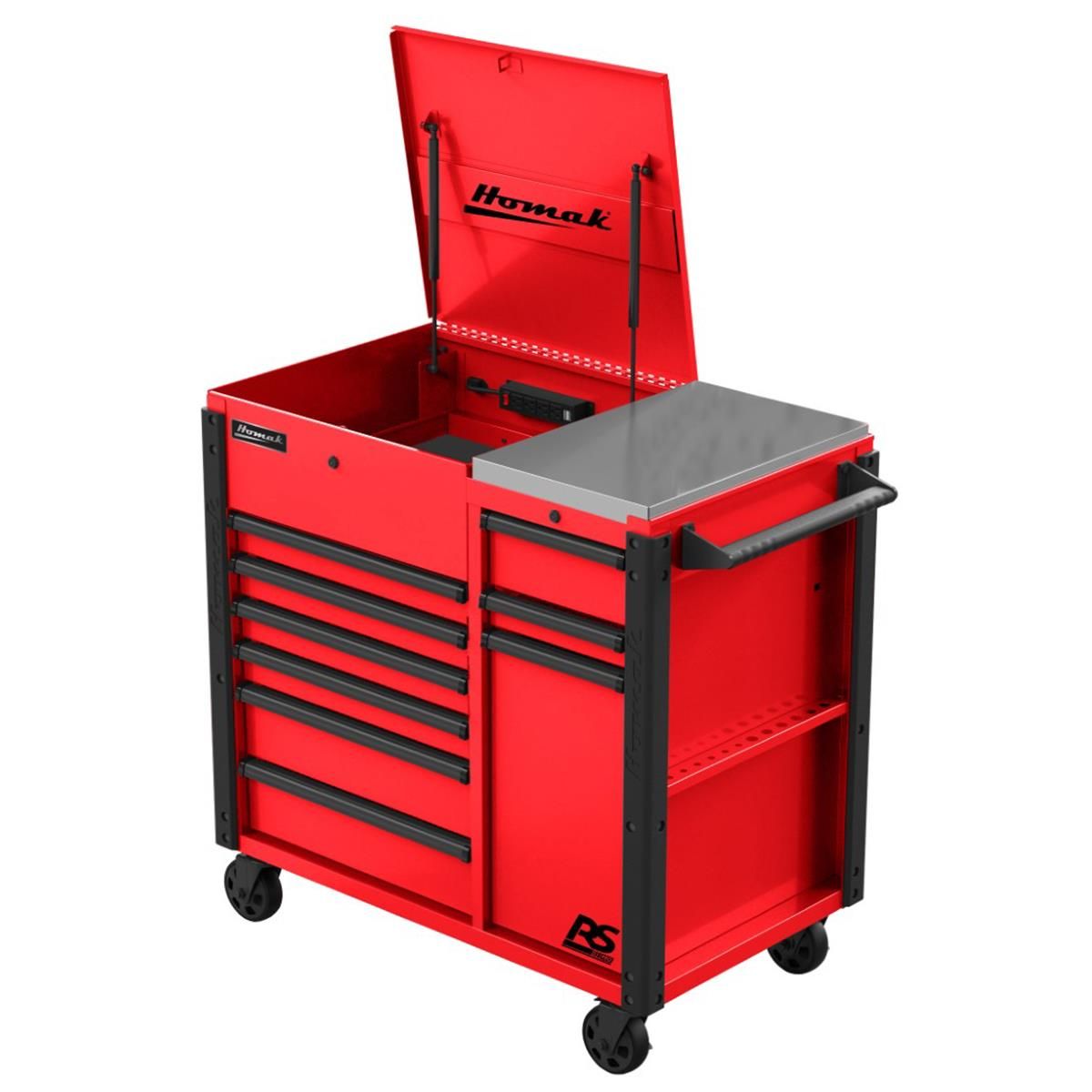 Homak Manufacturing 44 Inch RS Pro 9 Drawer Flip Top Power Service Cart w/ Workstation