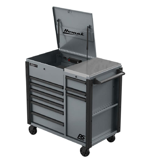 Homak Manufacturing 44 Inch RS Pro 9 Drawer Flip Top Power Service Cart w/ Workstation